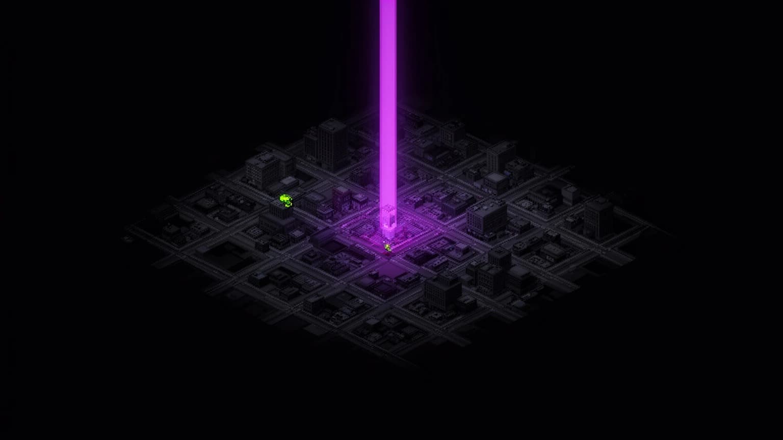 Original pixel-art studio atmosphere: deep indigo planes with neon violet and cyan light seams.